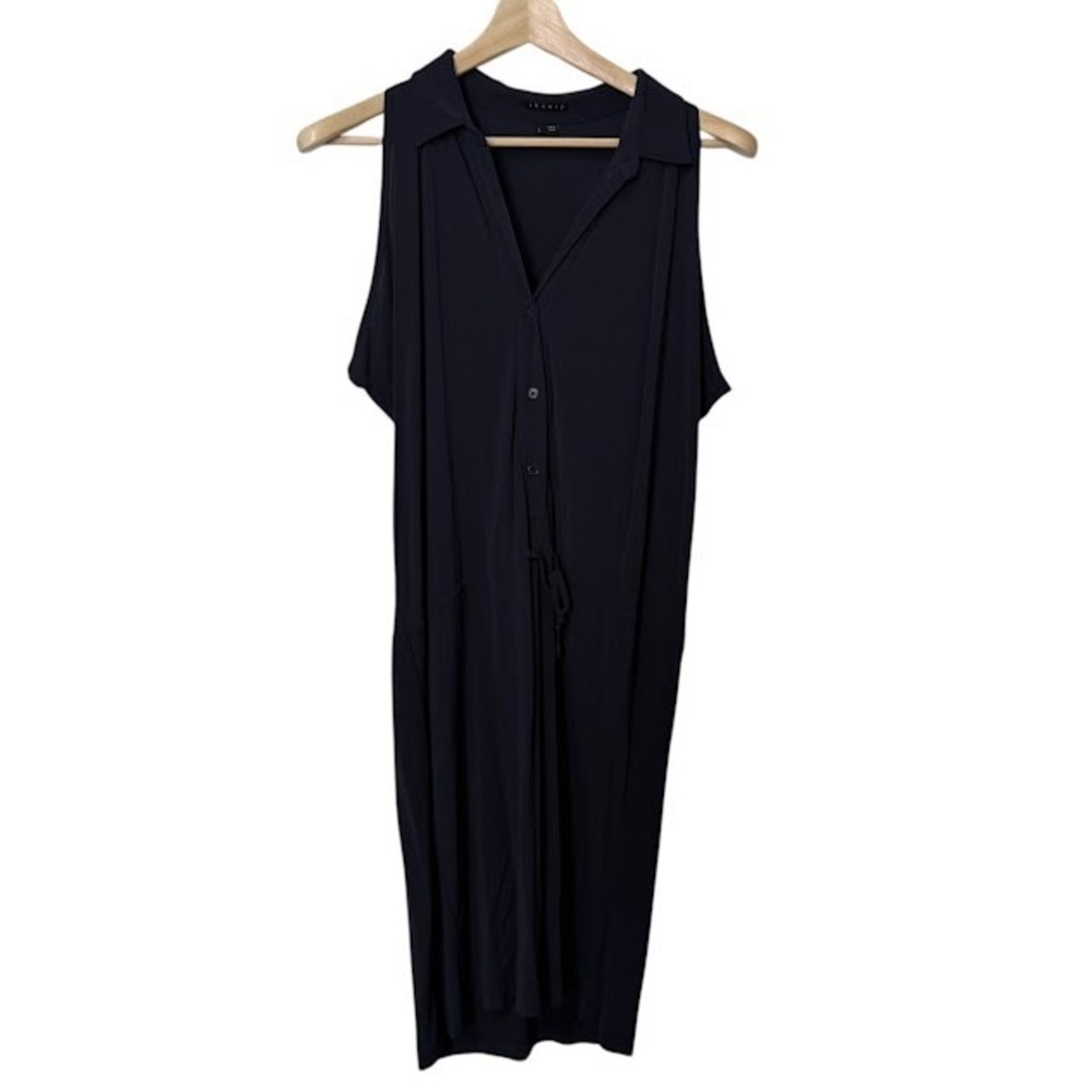 Theory Navy Blue Collared Button Tie Waist Mini Shirt Dress Womens L